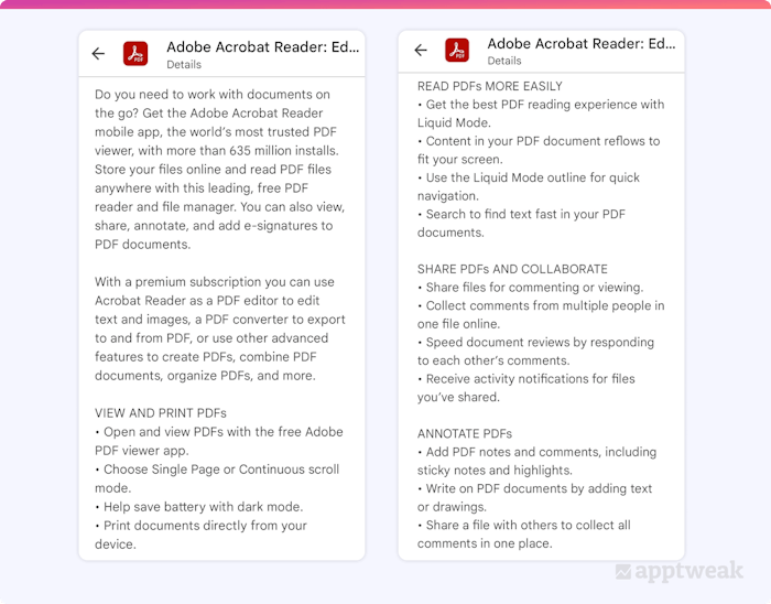 Acrobat Adobe incorporates a bullet point format into their app description on Google Play